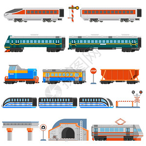 铁路运输平彩色图标铁路运输平彩色图标集客货车机车轨电车隧道单轨孤立矢量插图图片