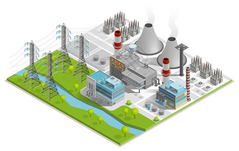 火电厂矢量图用于生产电能的火电厂与烟囱工业建筑电力线支持等距的矢量图背景图片