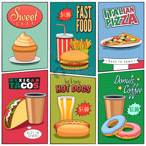 漫画快餐迷你海报收集快餐迷你海报构图漫画板复古风格与彩色背景广告抽象矢量插图图片