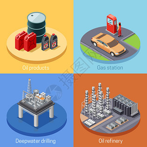 石油工业等距4ICOS广场石油工业等距4图标方形海报与炼油厂加油站抽象孤立矢量插图背景图片