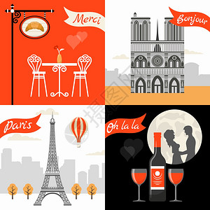 法国巴黎复古风格的法国巴黎复古风格与凯旋门埃菲尔铁塔街咖啡馆浪漫约会孤立矢量插图图片