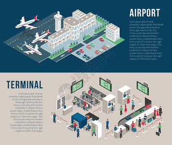 机场灯箱广告机场等距水平横幅机场等距水平横幅与停车酒店候车厅前台探测器乘客隔离矢量插图插画