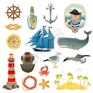 海上装饰元素海上装饰色彩元素灯塔船长与吸烟管舵帆船锚孤立矢量插图图片