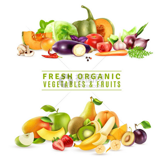 新鲜蔬菜水果的理念彩色机理念与两套新鲜蔬菜水果现实风格的矢量插图图片