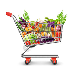 购物篮的新鲜水果蔬菜现实的购物篮,充满机产品与新鲜水果,蔬菜绿色为健康营养矢量插图图片