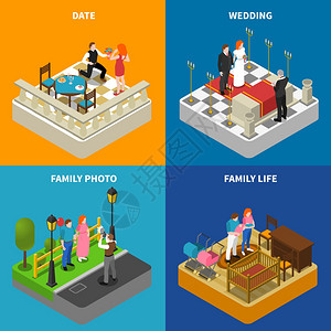家庭4等距图标方形横幅家庭照片4等距图标方形构图海报与婚礼仪式订婚抽象孤立矢量插图图片