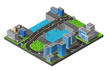 等距城市桥梁构图海报城市商业中心住宅小区等距与桥梁跨越河流海报抽象矢量插图图片