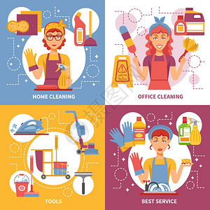 清洁服务理念四个方形清洁服务图标几个,如家庭清洁办公室清洁工具最佳服务矢量插图图片