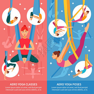 航空瑜伽横幅套两个垂直的航空瑜伽横幅书签与妇女培训标题航空瑜伽课程航空瑜伽姿势矢量插图图片