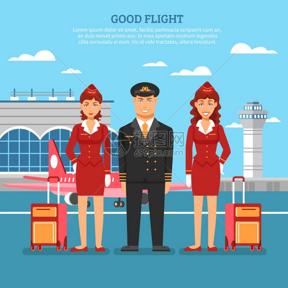机场员工海报机场员工海报上标题好的航,飞行员与两名空姐照机场矢量插图图片