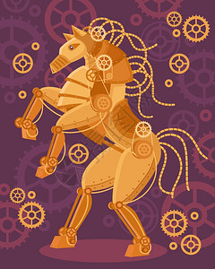蒸汽朋克金马海报蒸汽朋克艺术金马海报机械雕像机制周围的紫色背景矢量插图图片