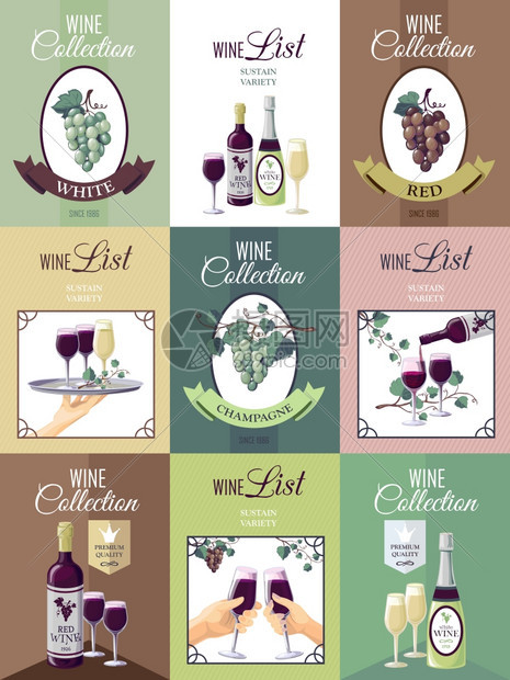 套葡萄酒菜单海报套九张葡萄酒海报,供餐厅酒吧菜单用,并提供葡萄酒收集包葡萄树眼镜瓶子矢量插图图片