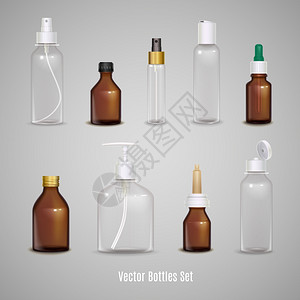 套透明的逼真的瓶子同透明空瓶的图像集,用于包装药物香水,逼真的孤立矢量插图图片