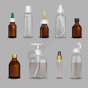 透明背景上的真实瓶子用于药物化妆的同瓶子的真实图像集意味着透明背景隔离矢量插图背景图片