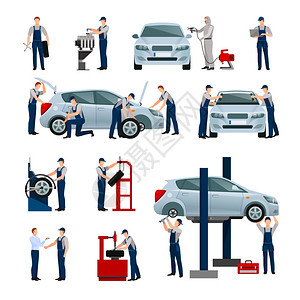 汽车服务人员图标扁平图标同的工人汽车轮胎服务,他们的工作矢量插图图片