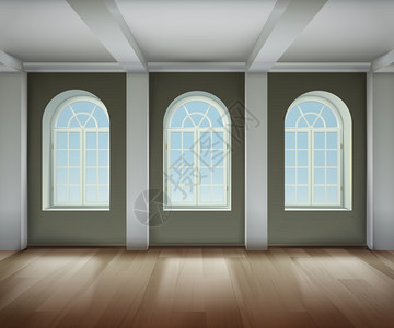 房间内部插图带拱形窗户背景的房间空房间内部矢量插图拱形窗户房间内部写实装饰插图图片