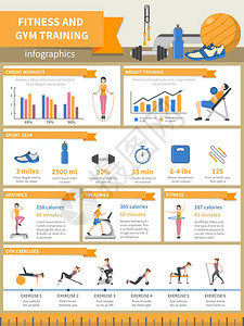 健身健身房训练信息图表健身健身房训练信息图表展示运动装备描述运动与图片,时间燃烧卡路里平矢量插图图片