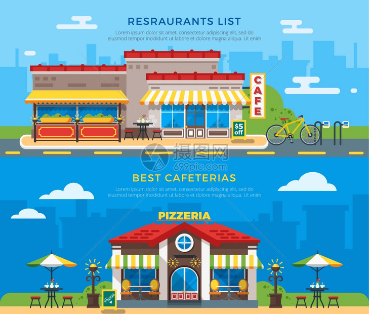 最好的自助餐厅餐馆列出扁平的横幅最好的自助餐厅餐厅列出横幅与漂亮的彩色咖啡馆比萨饼店的建筑城市背景平矢量插图图片