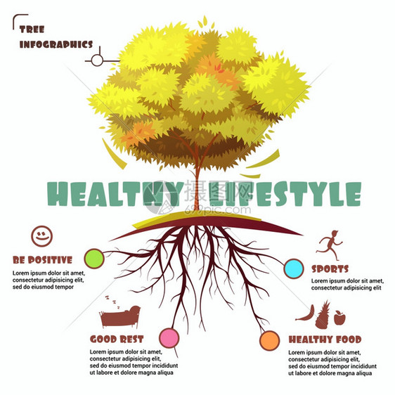 树与根信息图插图秋树的根信息代表健康的生活方式与运动,健康的食物,良好的休息积极的部分平卡通矢量插图图片