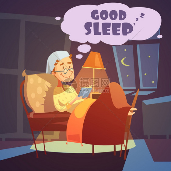 很好的睡眠插图彩色插图描绘了晚上躺床上的男人与书夜帽与愿望良好的睡眠矢量插图图片