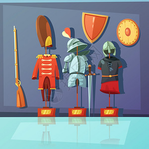 博物馆盔甲插图彩色卡通插图描绘博物馆展览的盔甲历史装矢量插图图片