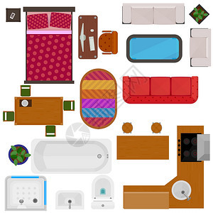 家庭家具的顶部视图家庭家具的顶部视图装饰图标与床,沙发,椅子,桌子,厨房,浴缸,马桶,矢量插图图片