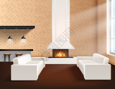现实的阁楼内部现实的阁楼内部极简风格的与两个沙发橱柜壁炉矢量插图图片