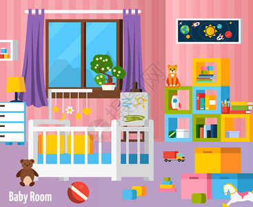 婴儿房平彩色构图婴儿房平彩色构图与婴儿家具玩具篮儿童创意矢量插图元素图片