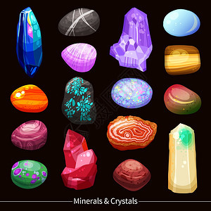 水晶石头岩石背景闪亮的彩色矿物,水晶,同大小形状的岩石,各种纹理黑色背景卡通矢量插图上图片