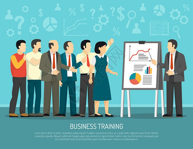 商业培训计划平插图公司员工业务发展培训课程平海报与图表表示抽象矢量插图图片