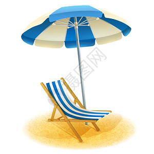 带雨伞插图的甲板椅甲板椅与伞沙滩沙夏季卡通矢量插图图片
