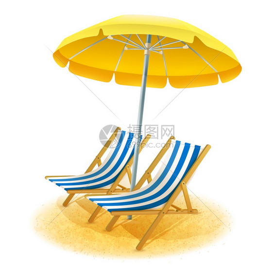 海滩度假胜地插图海滩避暑胜地与甲板椅伞卡通矢量插图图片