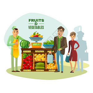 水果蔬菜销售商的插图水果蔬菜销售商与柜台销售员客户卡通矢量插图图片