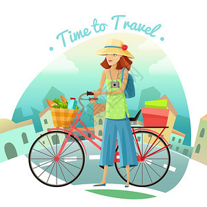 时候旅行插图了时间旅行卡通与妇女城市自行车矢量插图图片