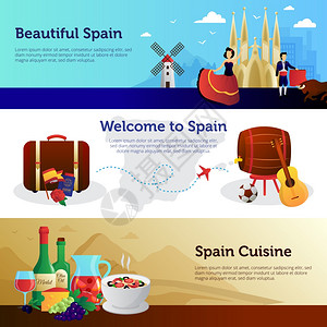 西牙欢迎旅行者横幅欢迎来西牙,提供丰富的彩色水平横幅,为游客食品地标矢量插图图片