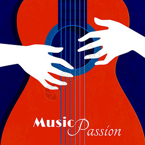 音乐激情海报音乐激情海报与红色吉他剪影蓝色背景男手弦平矢量插图图片