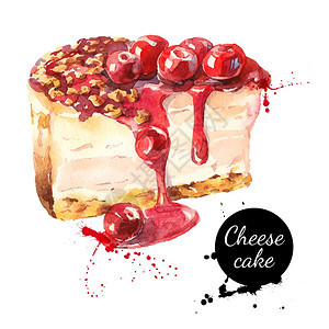 水彩素描樱桃芝士蛋糕甜点白色背景上的矢量孤立食物插图图片