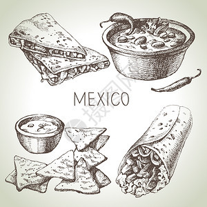 墨西哥传统食品手绘草图矢量插图老式墨西哥菜集图片