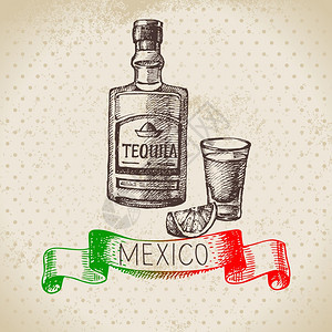 墨西哥传统食品背景与龙舌兰手绘草图矢量插图老式墨西哥菜横幅图片