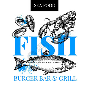 餐厅新鲜海鲜菜单鱼市海报手绘草图矢量插图图片