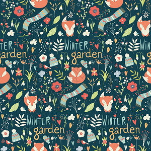 无缝图案与冬季花园花卉,狐狸围巾,帽子手套,矢量插图图片