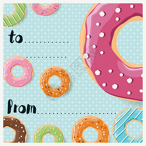 生日卡与彩色光泽美味甜甜圈,矢量插图图片