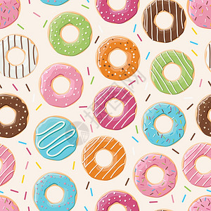 早餐小吃无缝图案与彩色美味的光泽甜甜圈,矢量插图插画