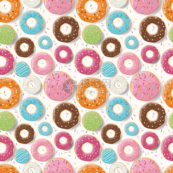 无缝图案与彩色美味的光泽甜甜圈,矢量插图图片