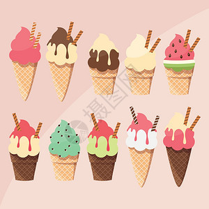 收集美味的冰淇淋勺锥,夏季治疗,矢量插图图片