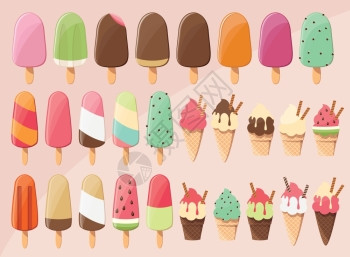 大量收集28个美味的光滑美味冰淇淋冰棒,铲子锥,夏季治疗,矢量插图图片