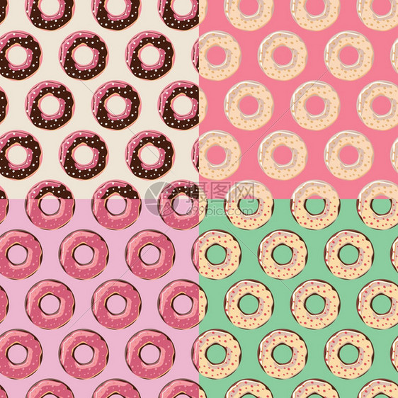 四个无缝图案与彩色美味的光泽甜甜圈,矢量插图图片
