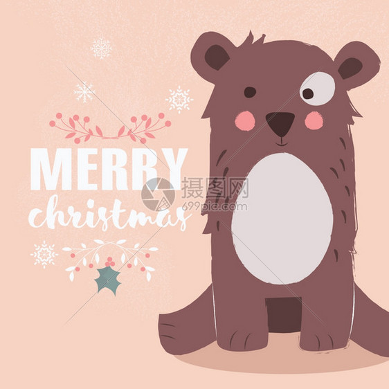 可爱的棕色熊粉红色背景快乐的诞刻字,矢量插图图片