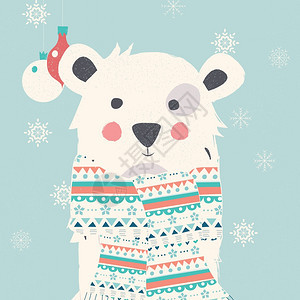 诞快乐明信片与北极熊戴围巾,矢量插图图片
