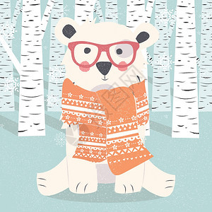 诞快乐明信片与时髦的北极熊森林,矢量插图图片